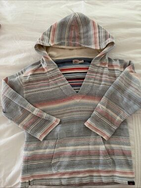Salt Life Men's Hooded V-Neck Sweater in Light Blue with Pink and Cream Stripes
